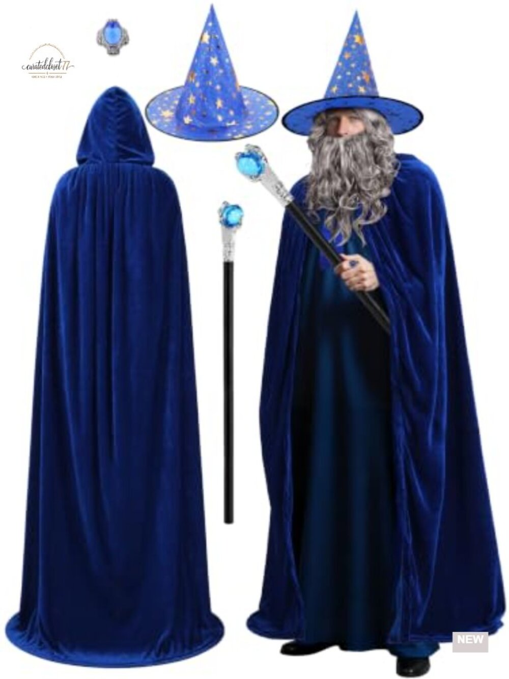 Adult Wizard Costume Set Hooded Cloak Hat Wig Beard Wand Ring Cosplay